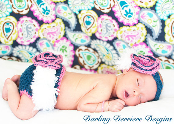Vintage Feather Flower Crochet Headband and Diaper Cover Pattern